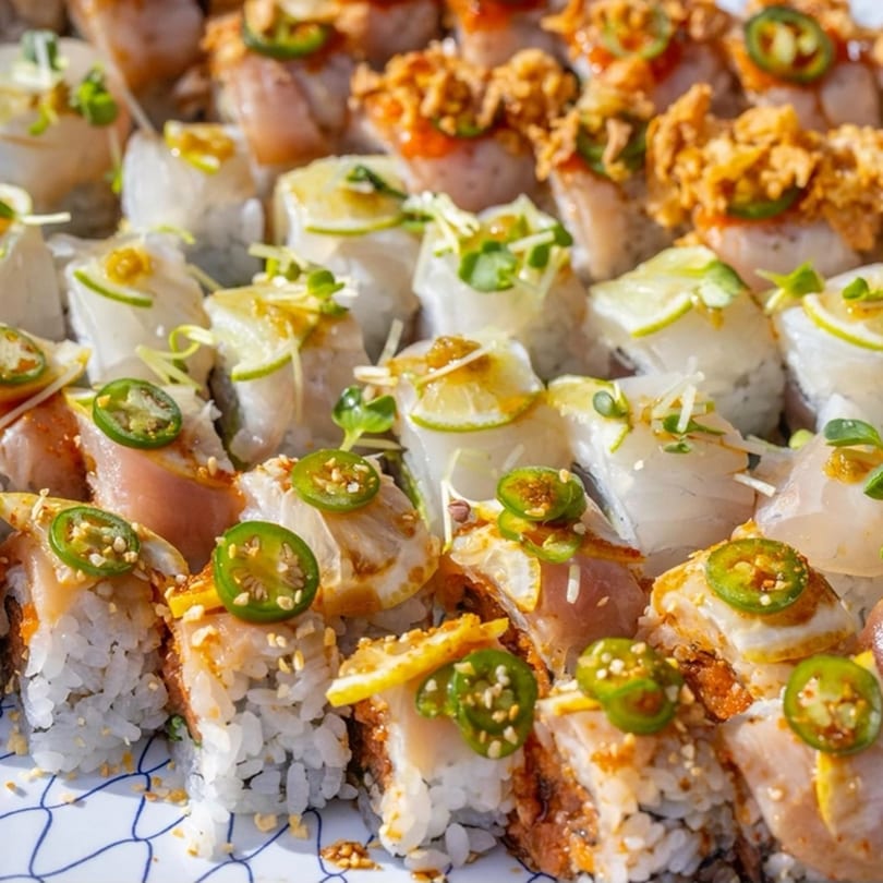 Close-up of various Kombu Sushi rolls, some topped with jalapeños, lime, and crispy fried onions.