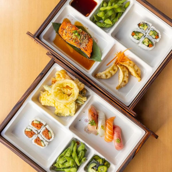 Two bento boxes filled with salmon, sushi rolls, tempura, gyoza, edamame, and nigiri.